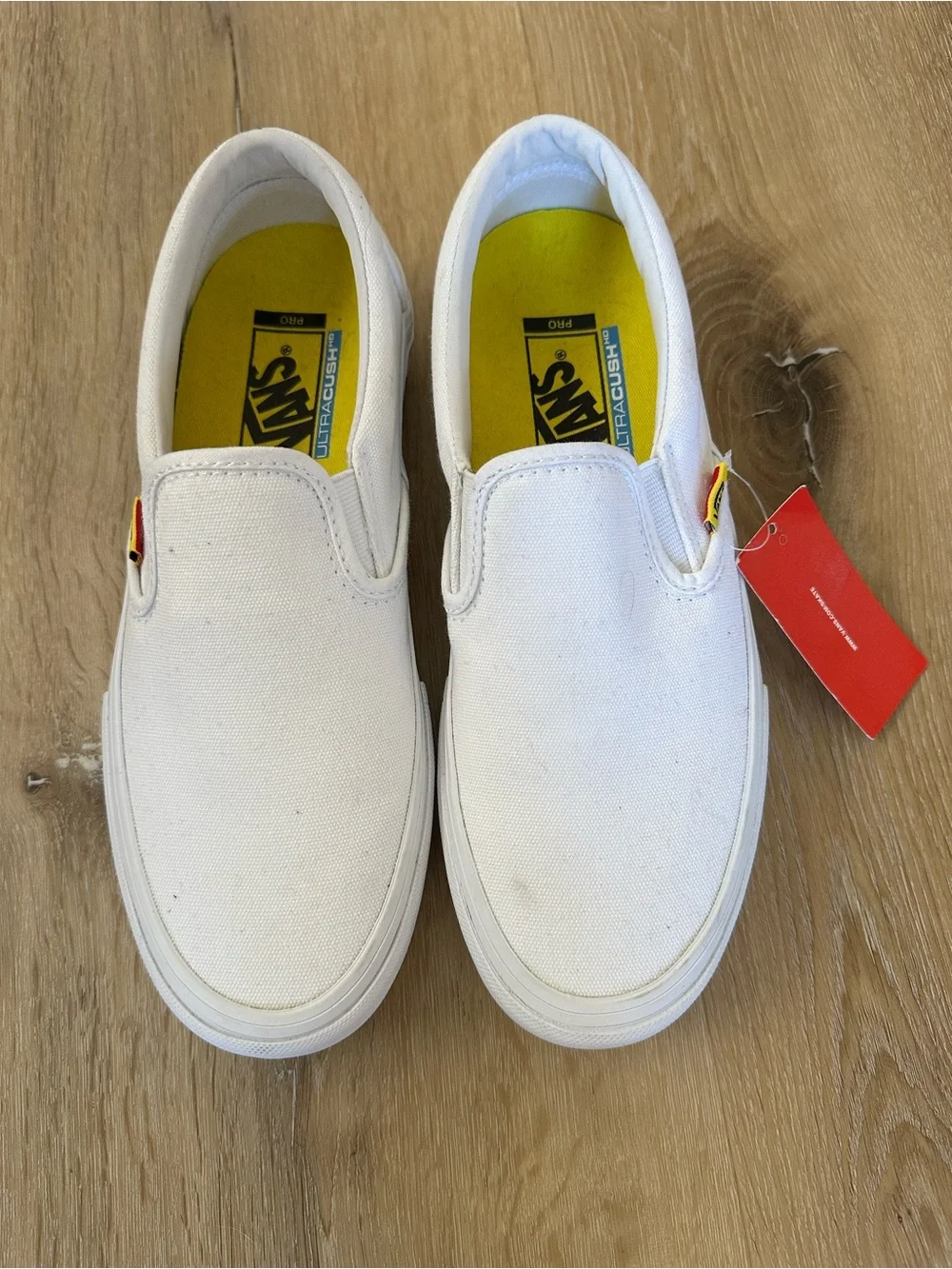 Vans White Checkerboard Slip-On Loafers with Yellow Soles